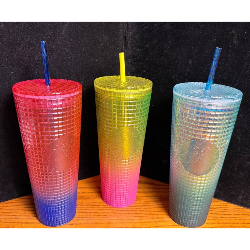 Starbucks Grid Venti Tumbler Lot-3pc Ombre Studded 24oz Cold Cups Pink Teal